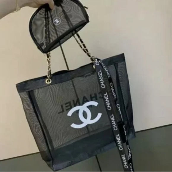 Chanel Black Mesh 2 pcs Tote with Iconic Logo - Picture 1 of 7